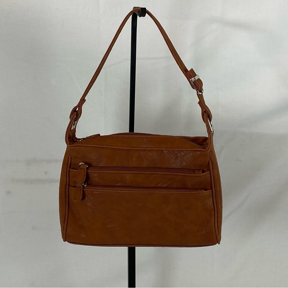 Cognac Faux Leather Organizer Shoulder Bag | Multi-Zip Everyday Purse - Picture 2 of 13